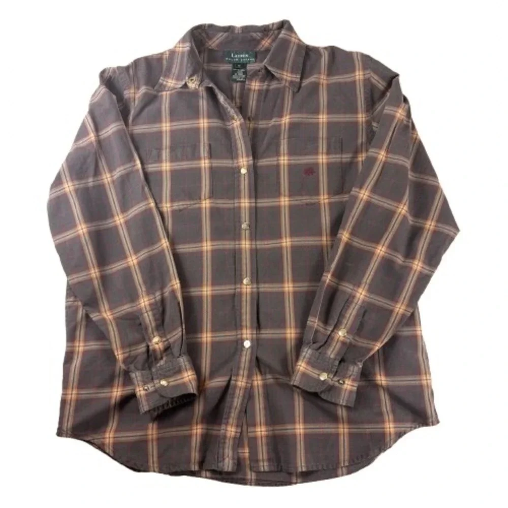 Lauren Ralph Lauren Brown Plaid Cotton Button Down Shirt Womens Size Medium